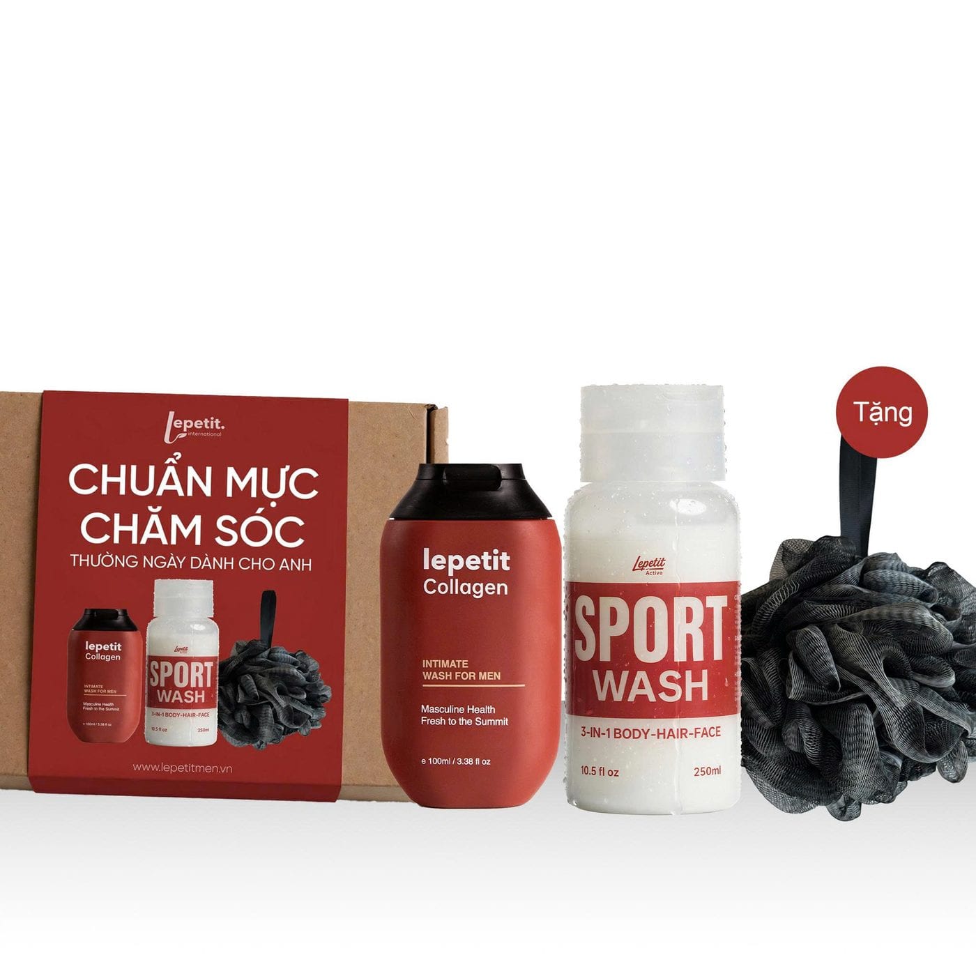 Hộp quà Combo chuẩn mực Lepetit gồm Collagen, Sport Wash 3in1 và bông tắm
