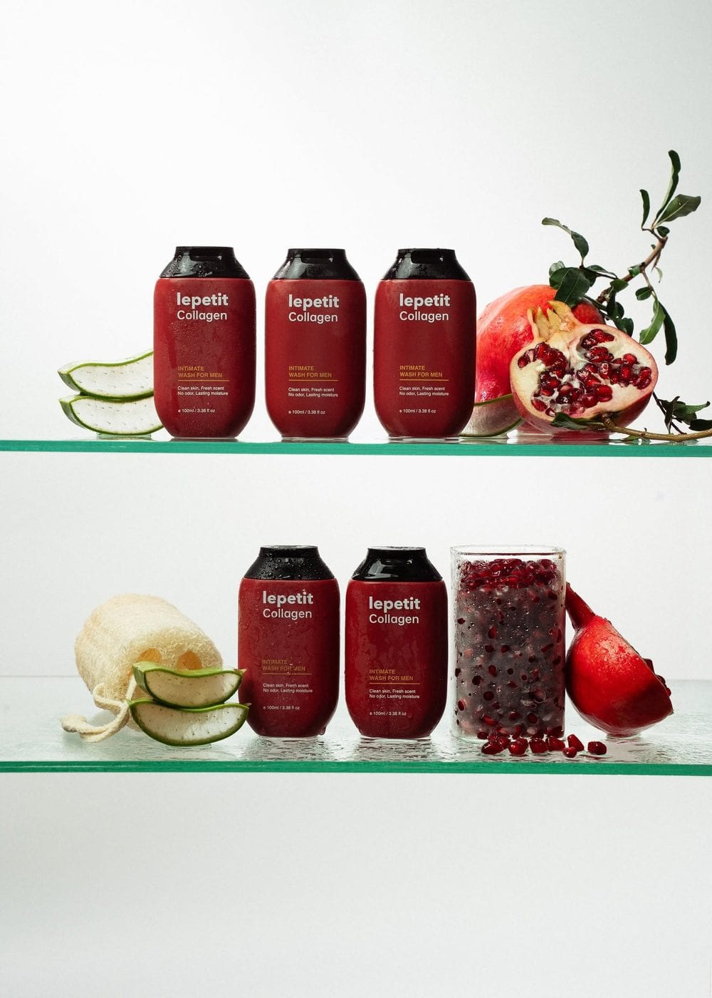 Các chai Lepetit Collagen bên cạnh quả lựu, nha đam và nam việt quất
